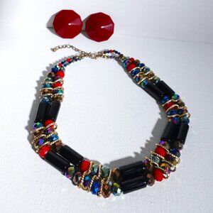 Stunning Multi-Color Beaded Necklace and Earrings Set